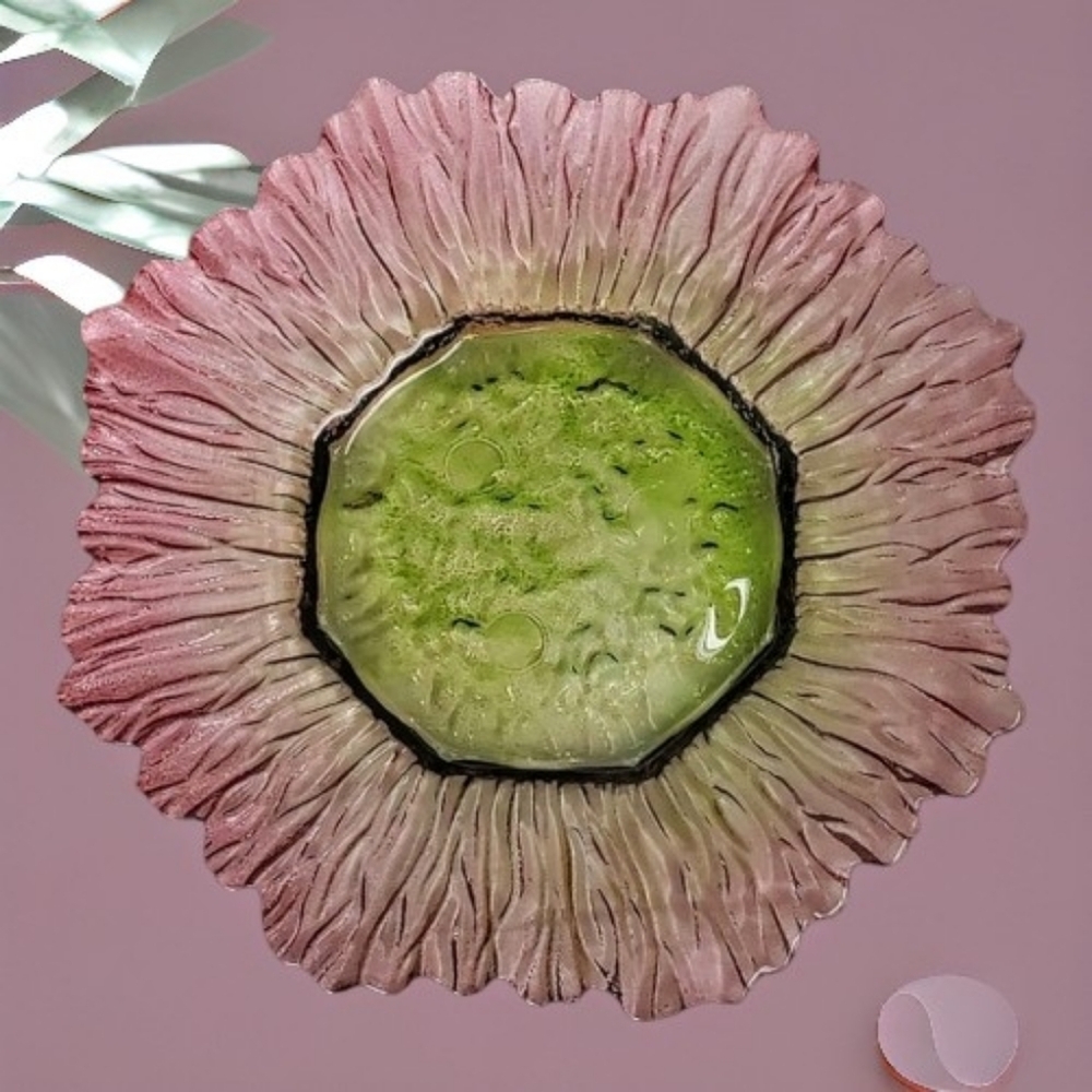 Elegant Green and Pink Glass Art Plates Sunflower Shape Studio Crafted Set of 2